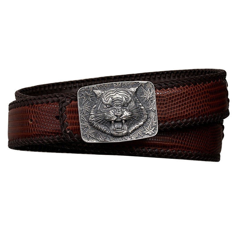 Reclining Tiger Silver Crocodile Leather Biker Belt — product view