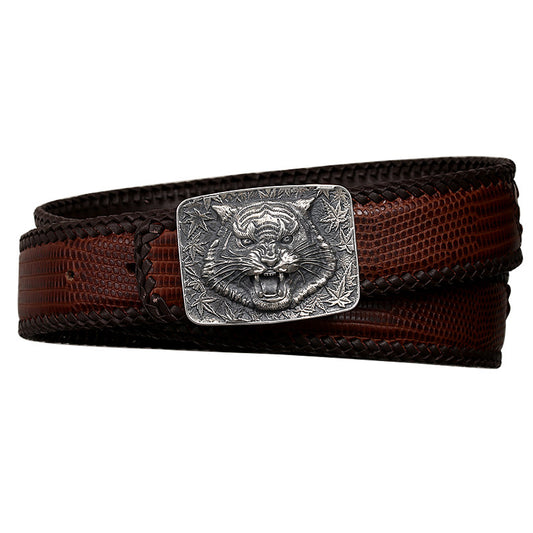Reclining Tiger Silver Crocodile Leather Biker Belt — product view