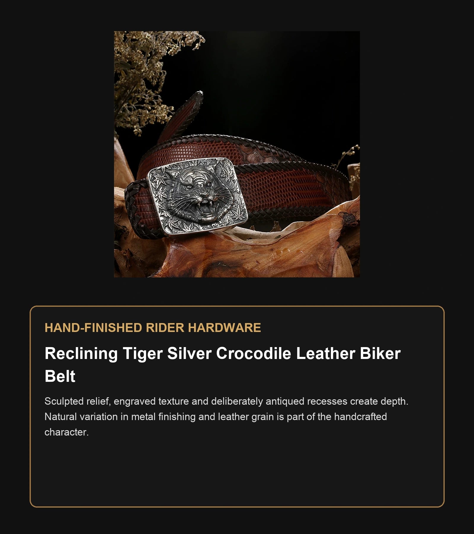 Reclining Tiger Silver Crocodile Leather Biker Belt craftsmanship guide in English