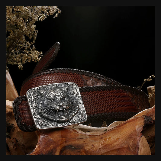 Reclining Tiger Silver Crocodile Leather Biker Belt product view