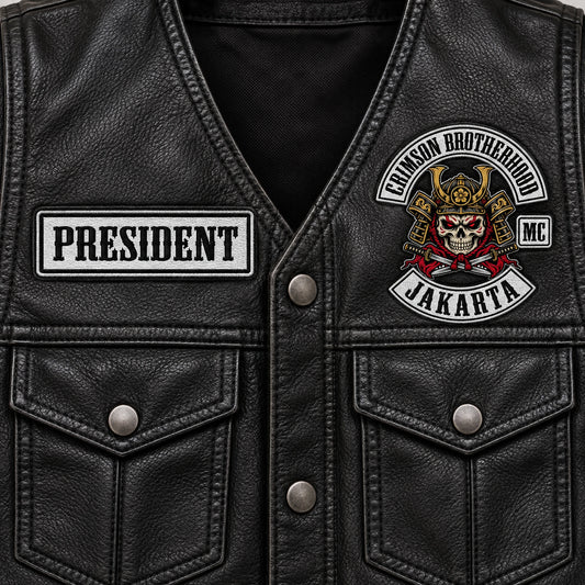 Rectangular officer title chest patch for a motorcycle club, shown at black leather vest pocket panel.