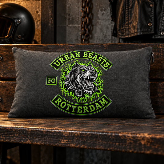 Rectangular motorcycle club lumbar cushion displaying wide chapter artwork.