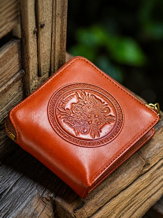 red-brown embossed dragon cowhide biker wallet front view