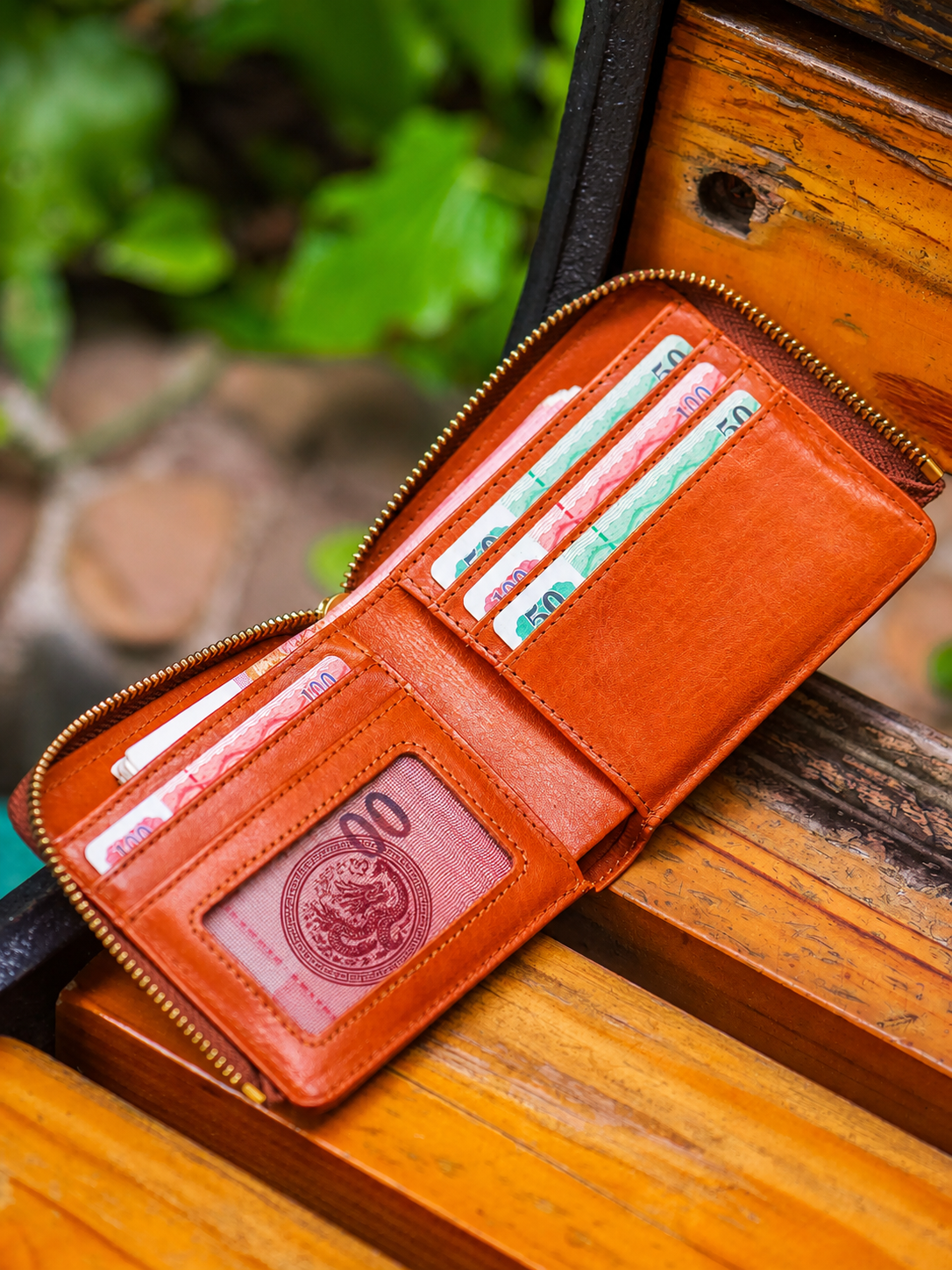 red-brown cowhide biker wallet interior capacity