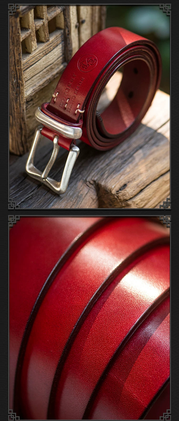 Red Heritage Full-Grain Leather Biker Belt with Brass Buckle – Leather and buckle detail