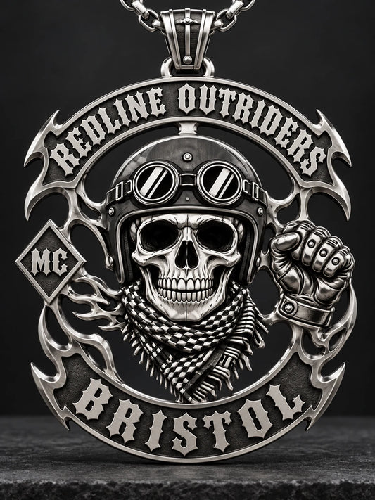 Custom stainless steel motorcycle club patch pendant with Redline Outriders rockers and rider emblem.