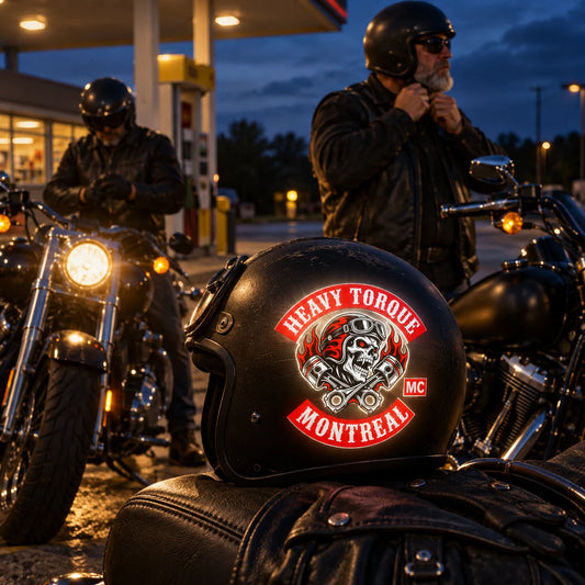 Reflective motorcycle club sticker catching a V-twin headlight on a rider helmet at a blue-hour service station.
