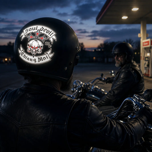 Reflective motorcycle club sticker catching a V-twin headlight on a rider helmet at a blue-hour service station.