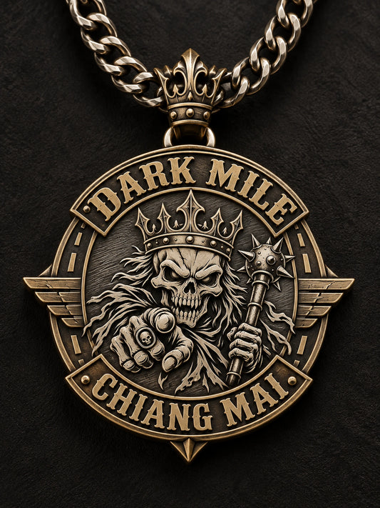 2D Raised & Recessed represented by a unique custom motorcycle-club pendant with complete chain and sculptural mixed-metal architecture.