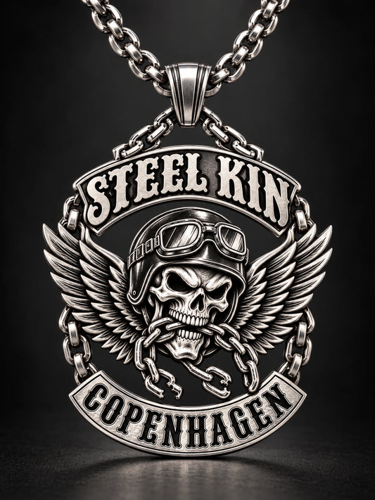 3D Relief represented by a unique custom motorcycle-club pendant with complete chain and sculptural mixed-metal architecture.