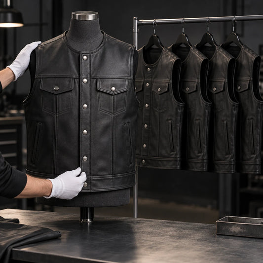 Replacement motorcycle club leather vest checked against an existing chapter specification.