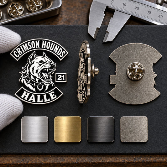 CRIMSON HOUNDS metal pin shown from front, side and back with finish samples and calipers for approval.