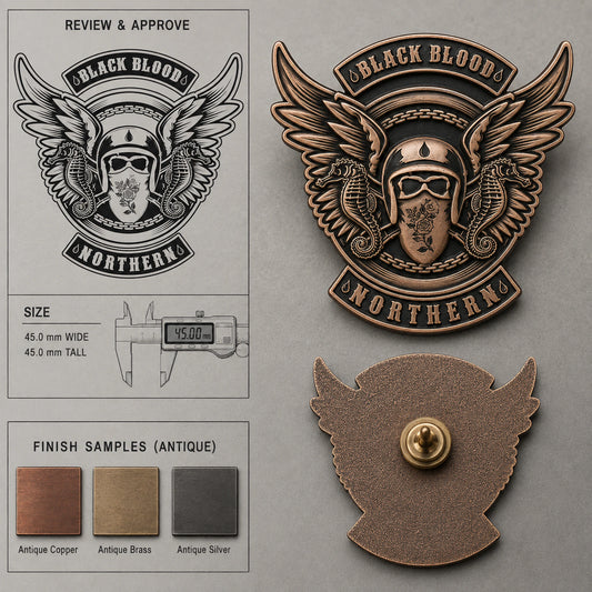 Connected antique copper BLACK BLOODS NORTHERN 3D club pin shown with matching approval proof, rear hardware, caliper, and finish samples.