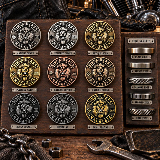 Motorcycle club challenge coin size, finish and edge details under review.
