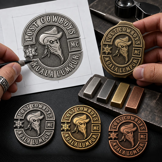 Digital and physical design review for custom motorcycle club jewelry with metal and relief options.