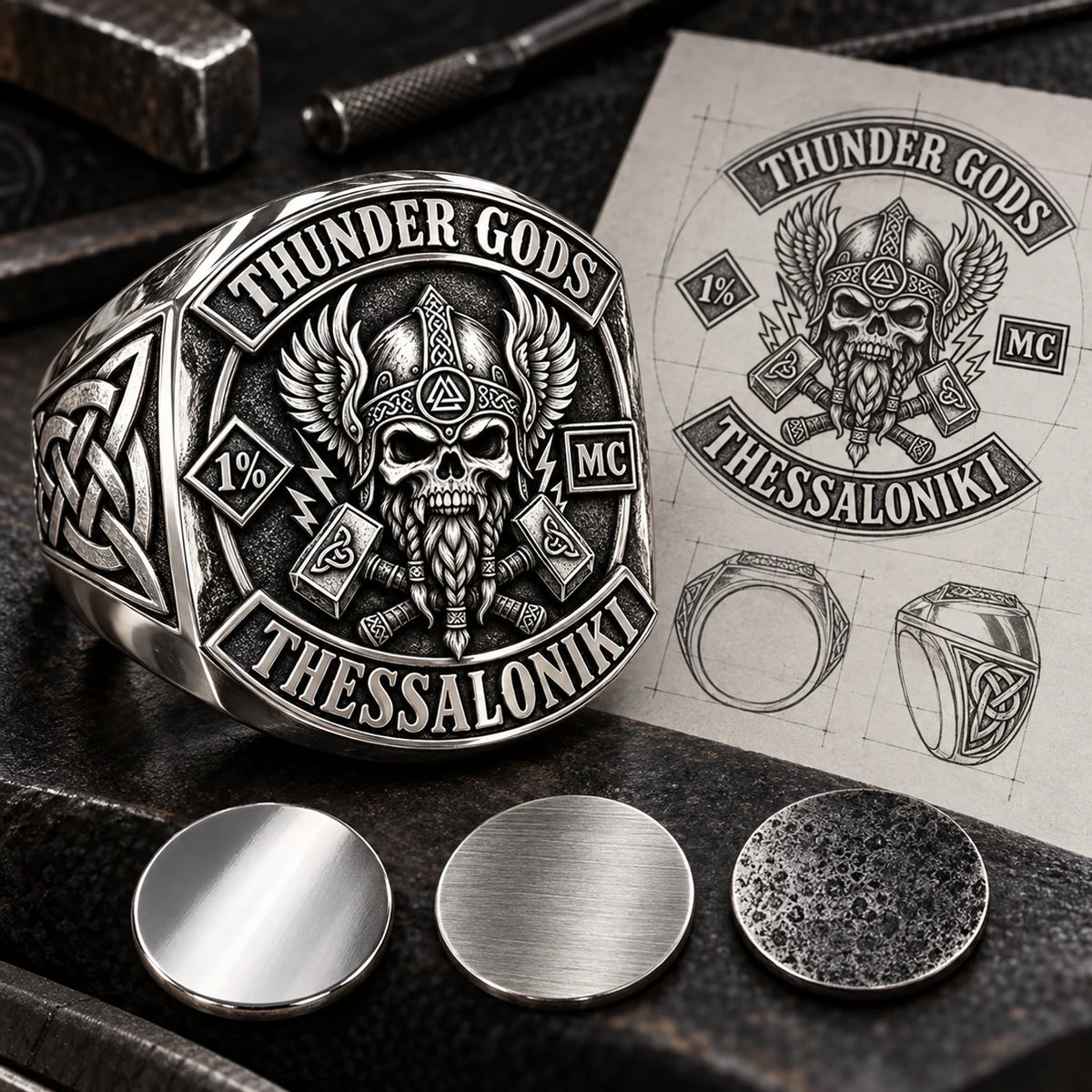 Thunder Gods motorcycle club reviewing a white copper ring design and quotation.