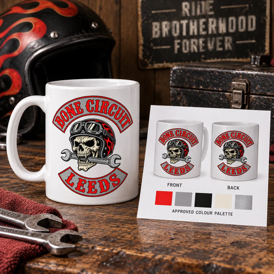 Complete logoed mug beside a printed front-and-back design proof and color swatches, all edges visible for approval review.