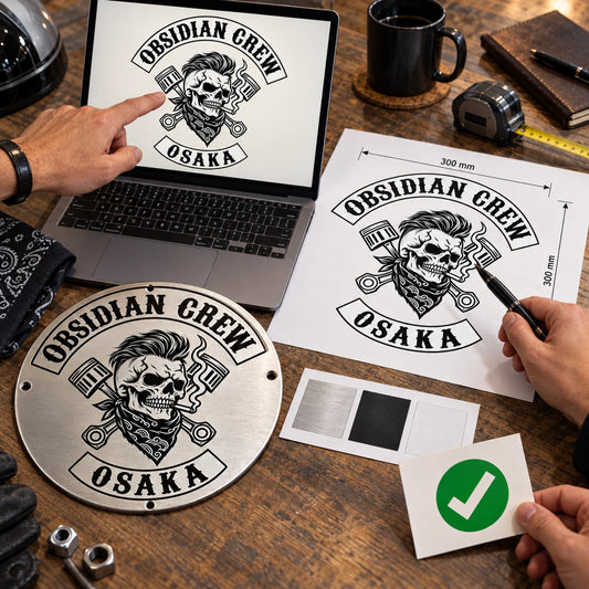 Motorcycle club members reviewing a custom metal sign proof and production dimensions before approval.