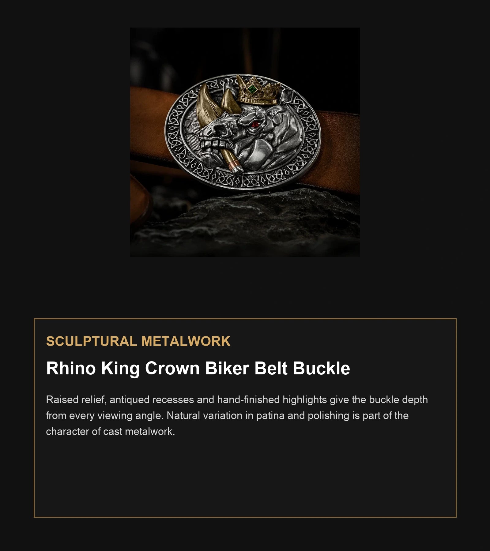 Rhino King Crown Biker Belt Buckle craftsmanship guide in English