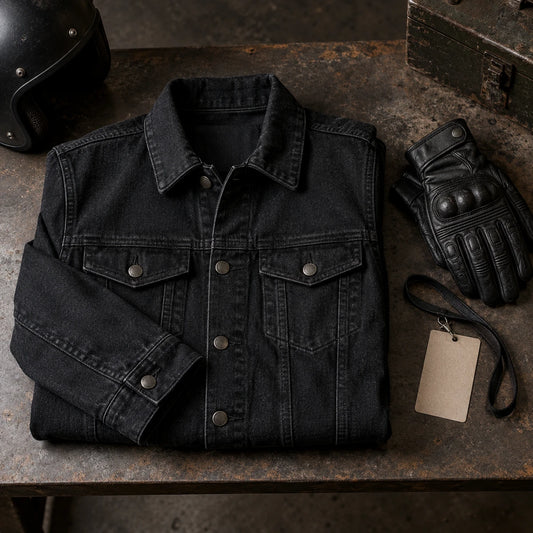 Blank black denim club jacket prepared for rides, rallies and event wear.