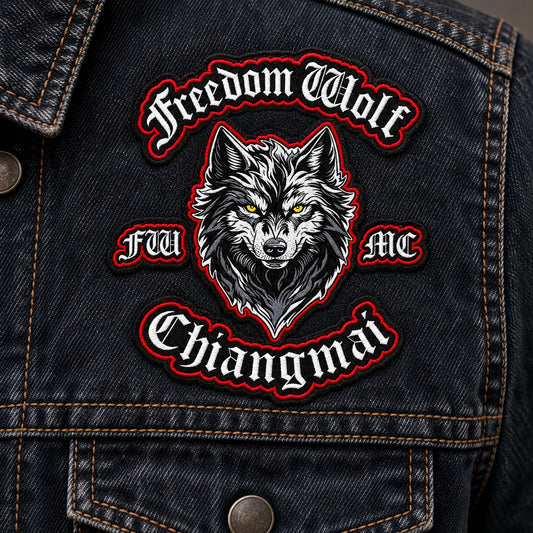 Compact biker memorial patch attached to a dark denim riding jacket.