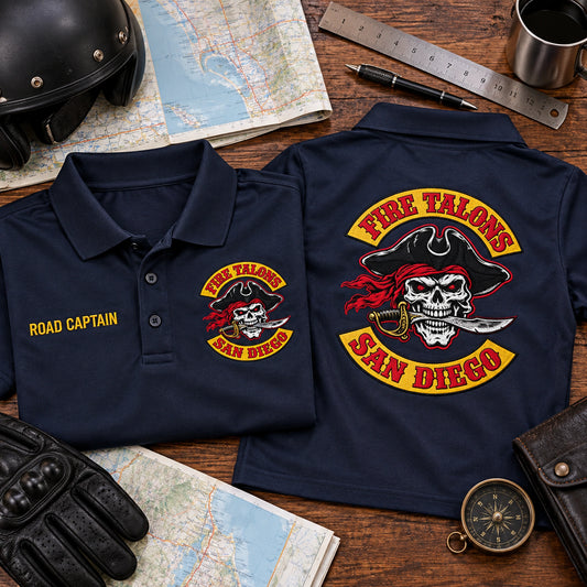 Navy Fire Talons San Diego polo fronts show ROAD CAPTAIN embroidery on the right chest opposite the club logo.