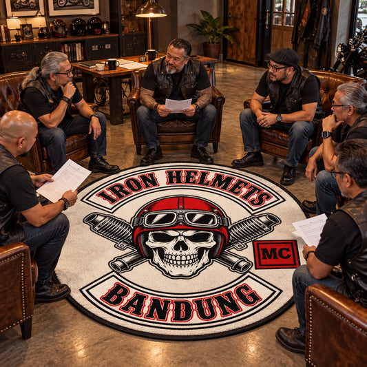 A round motorcycle club rug anchors a chapter meeting room.