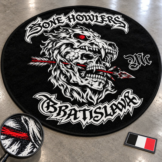 A custom printed motorcycle club logo rug displays detailed authorized artwork.