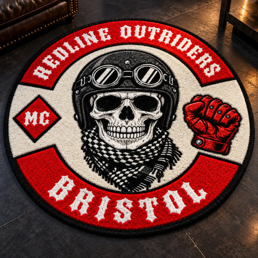 A thick tufted motorcycle club rug shows dimensional pile and bold club artwork.