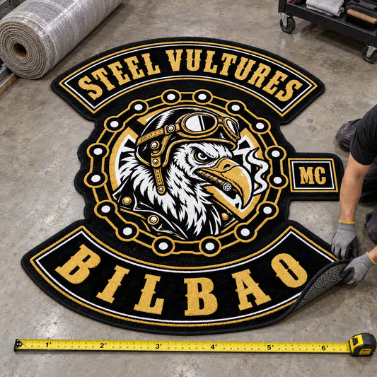 A single continuous custom-shaped motorcycle club floor rug follows the outline of approved club artwork.
