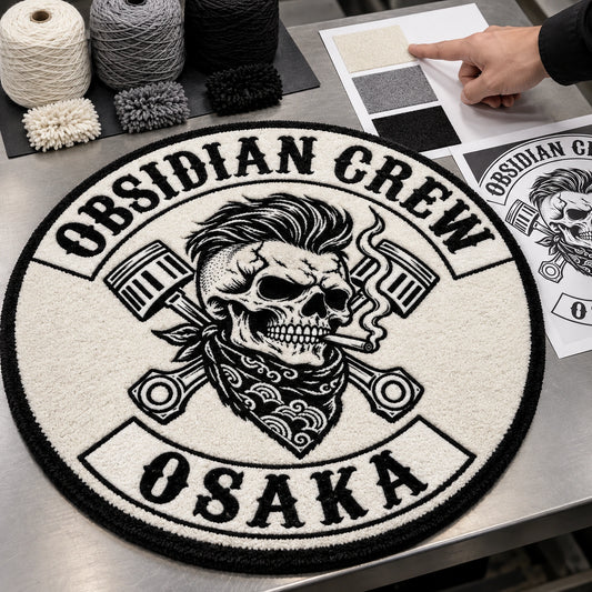 A custom rug reproduces motorcycle club colors and a recognizable center emblem.