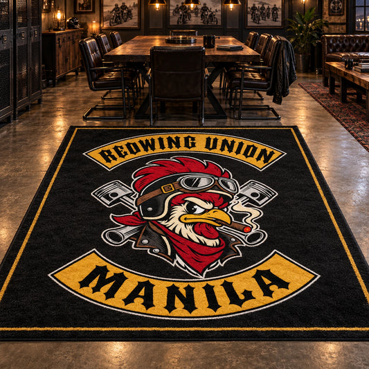 A custom motorcycle club rug displays approved chapter name and location artwork.