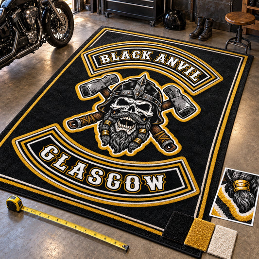 A custom motorcycle club rug is prepared for an approved founding-year layout.