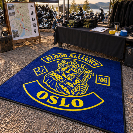 A large Blood Alliance Oslo motorcycle club rug anchors a rally registration and route-planning booth.