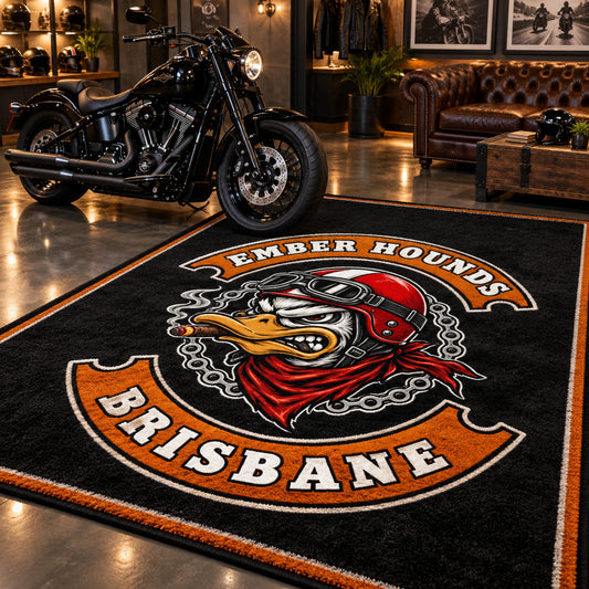 A custom club rug creates a display area beside an American V-twin motorcycle.