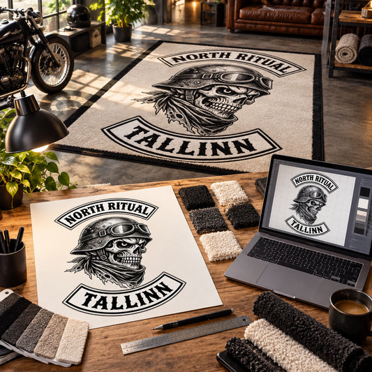 A club representative reviews custom motorcycle club rug artwork with a designer.