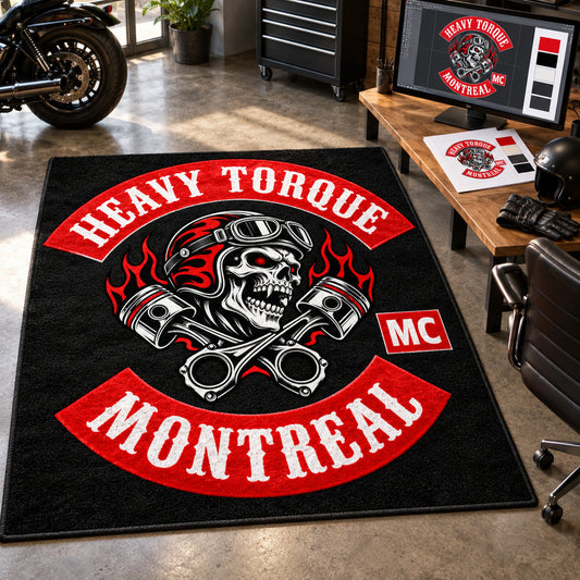 A detailed motorcycle club rug is compared with its approved artwork proof.