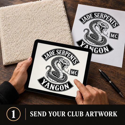 Approved motorcycle club artwork appears beside a matching custom rug.