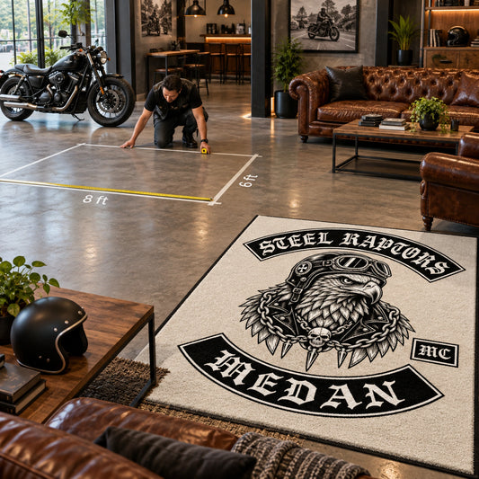 A rider measures garage floor space for a custom motorcycle club rug.