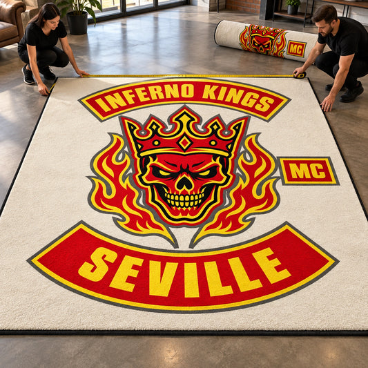 Two motorcycle club members stand beside a large finished clubhouse area rug and a full-size V-twin motorcycle.