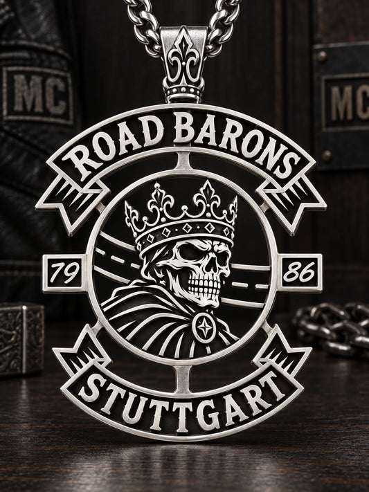Road Barons custom stainless steel motorcycle club anniversary pendant presented on dark leather.
