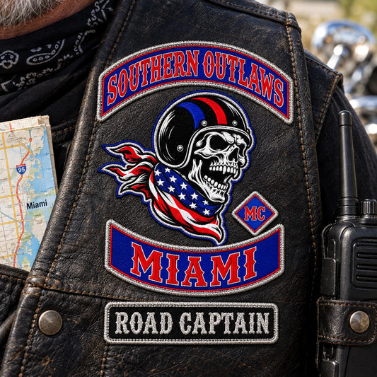 Custom motorcycle club event patch featuring the southern outlaws miami logo for road captain version.