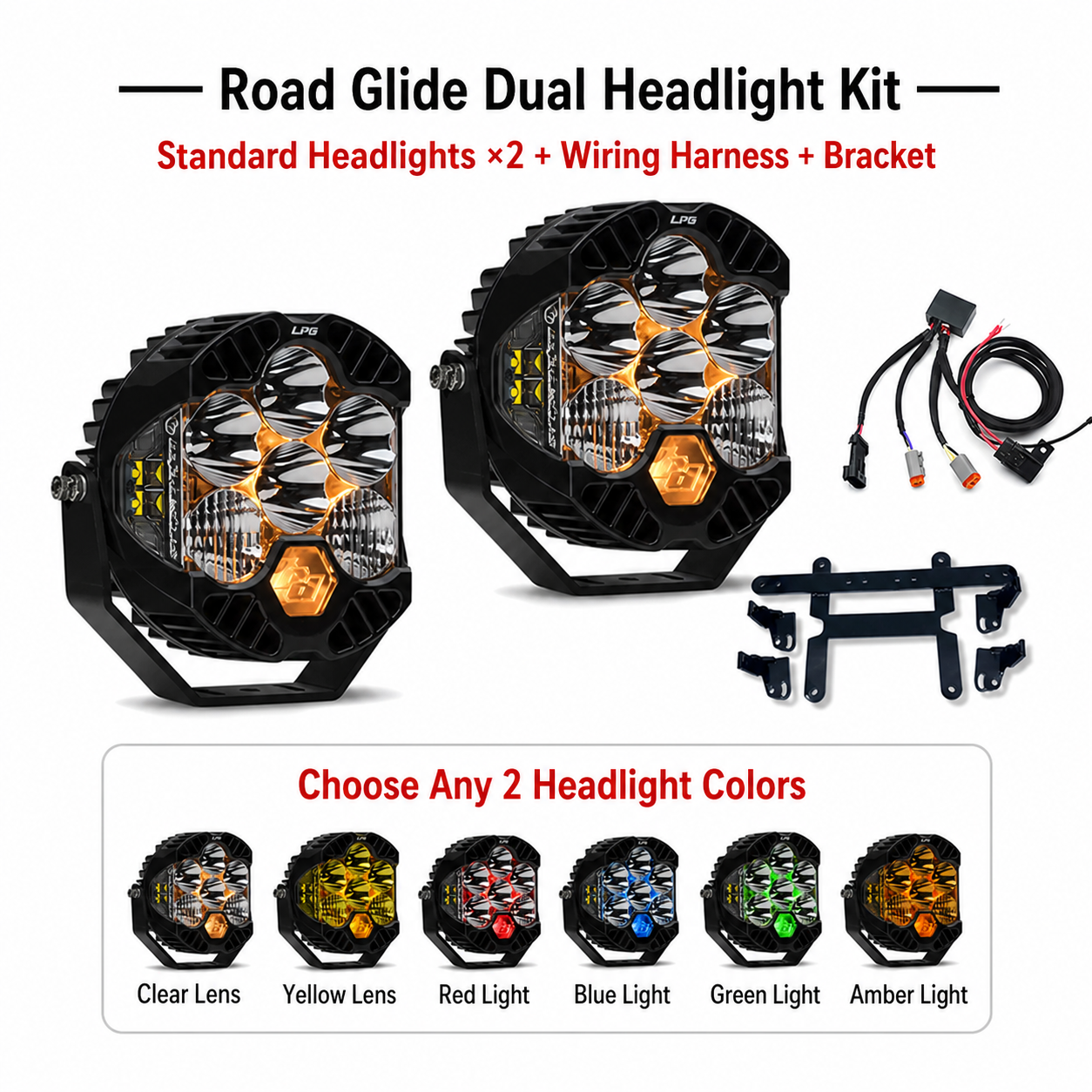 Road Glide dual headlight kit components and six headlight color options