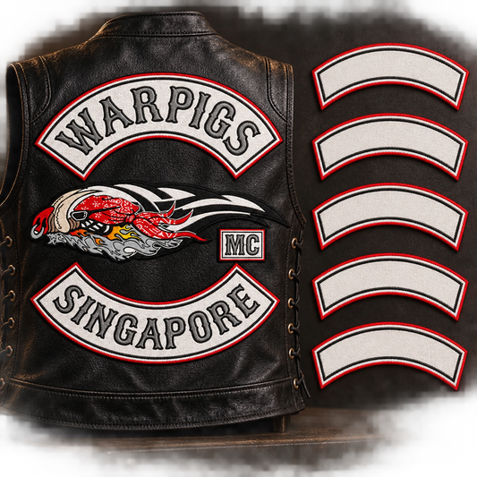 Several solid name bars with consistent borders shown for a custom motorcycle club patch system in member gear inspection table.