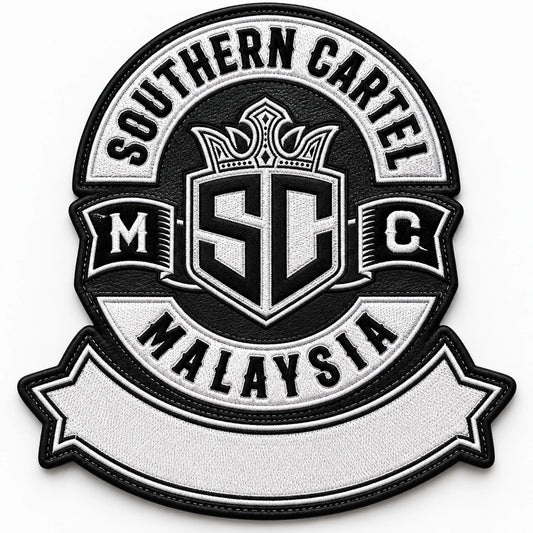 Motorcycle memorial patch layout with a dedicated road-name area beneath the club emblem.