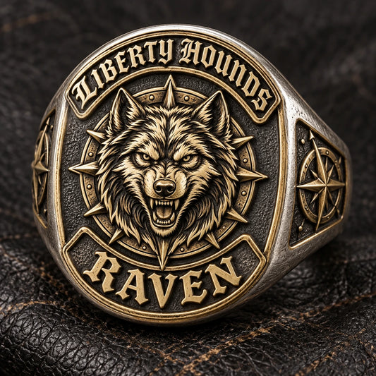 Nickname / Road Name designed from an authorized motorcycle club emblem in White Copper + Brass natural metal tones.