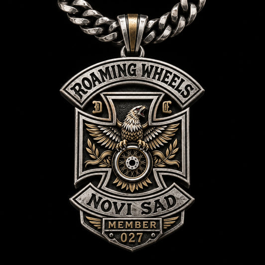 One Roaming Wheels motorcycle club member pendant on a chain with an integrated member identifier.