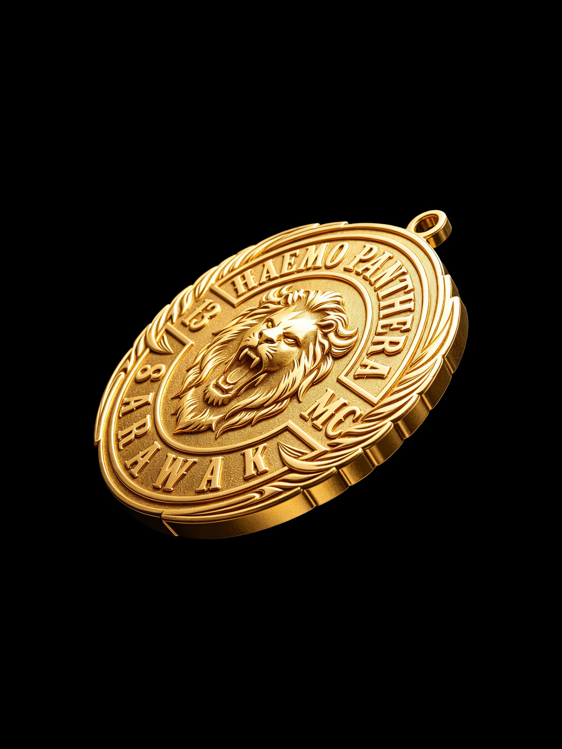 Left-angle close view of a roaring lion relief on a custom motorcycle club pendant