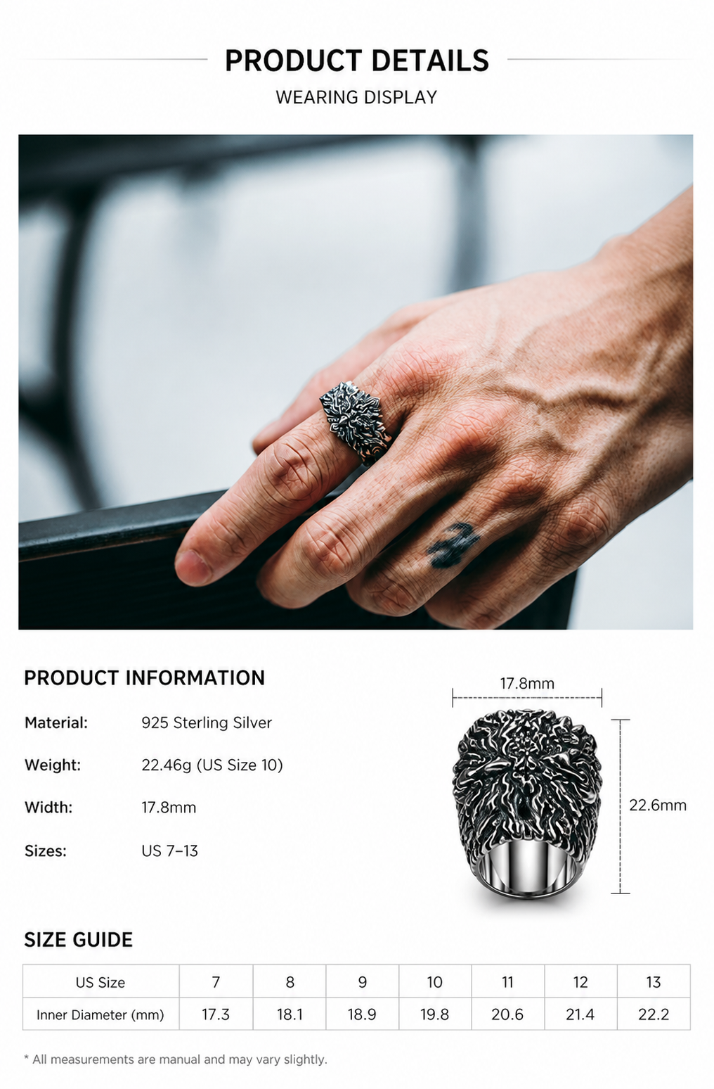 Roc Bird Sterling Silver Biker Ring - English product detail 10