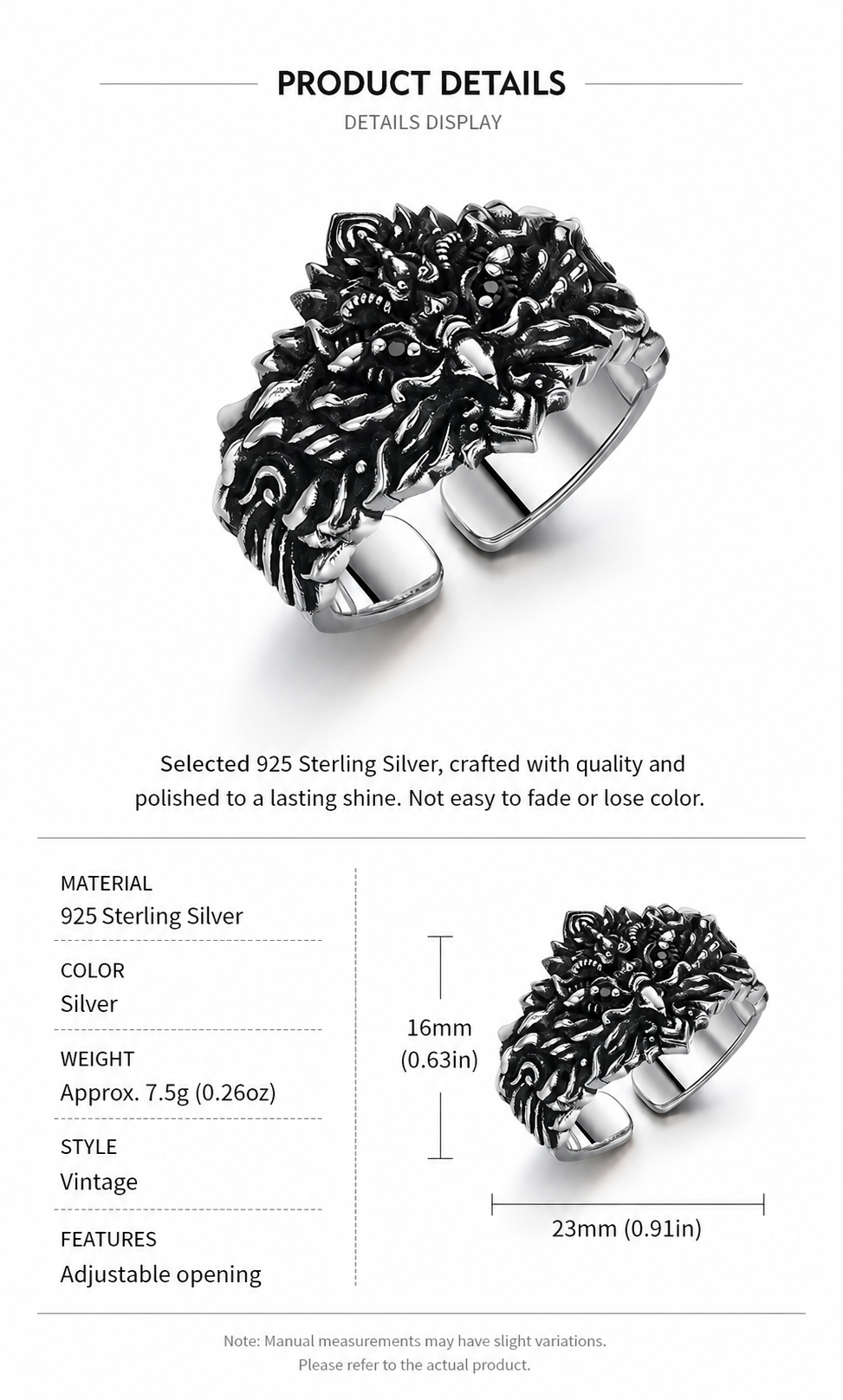 Roc Bird Sterling Silver Biker Ring - English product detail 8